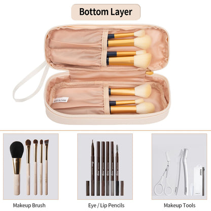 Small Makeup Bag, 2 Layers Travel Make up Organizer Bag with Makeup Brush Holder, Portable Cosmetic Bag for Women/Girls, Blue Flower