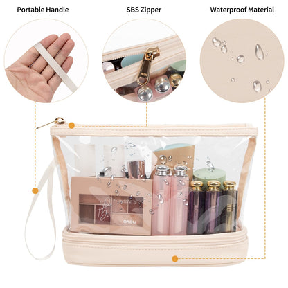 Small Makeup Bag, 2 Layers Travel Make up Organizer Bag with Makeup Brush Holder, Portable Cosmetic Bag for Women/Girls, Blue Flower