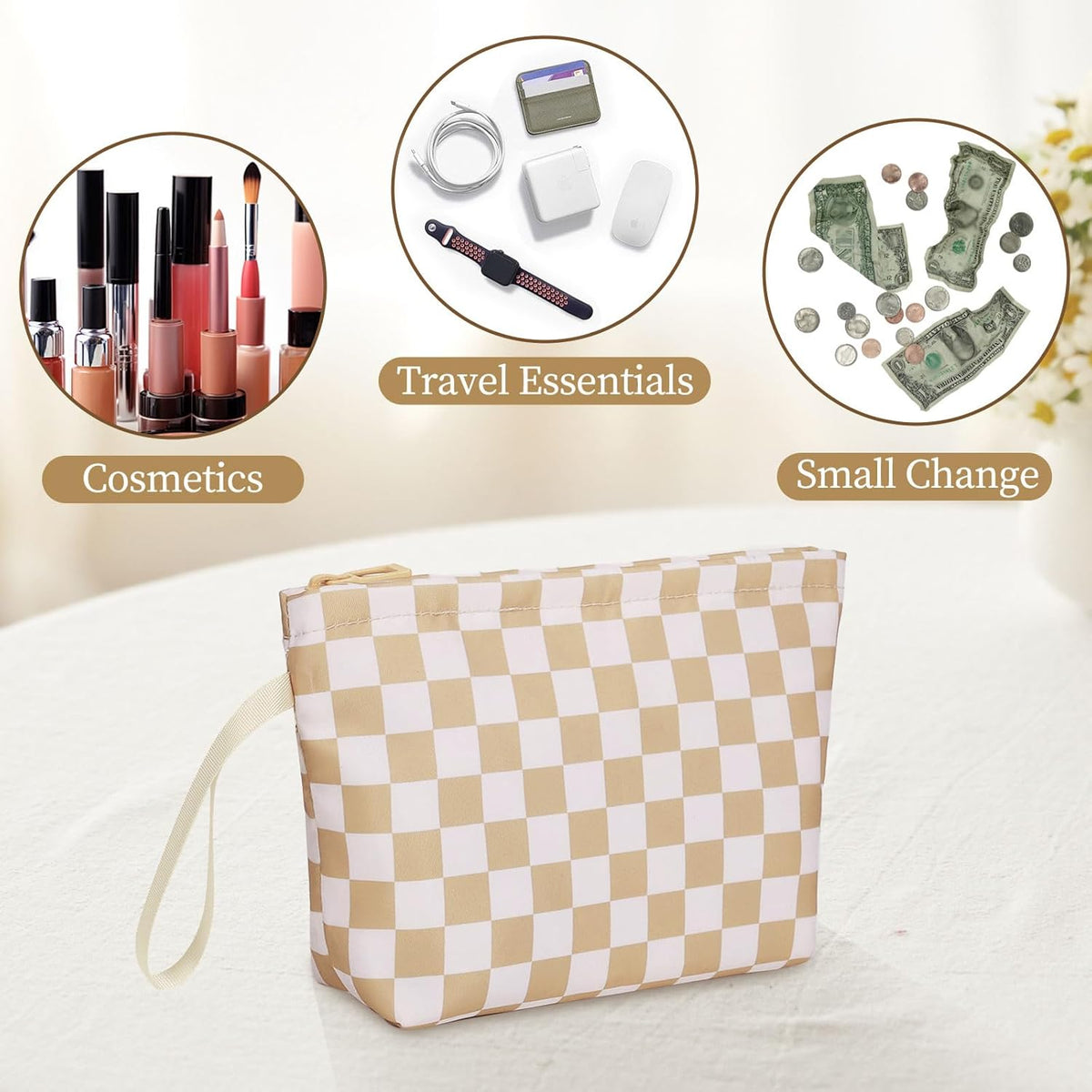 Small Makeup Bag, 2 Layers Travel Make up Organizer Bag with Makeup Brush Holder, Portable Cosmetic Bag for Women/Girls, Blue Flower