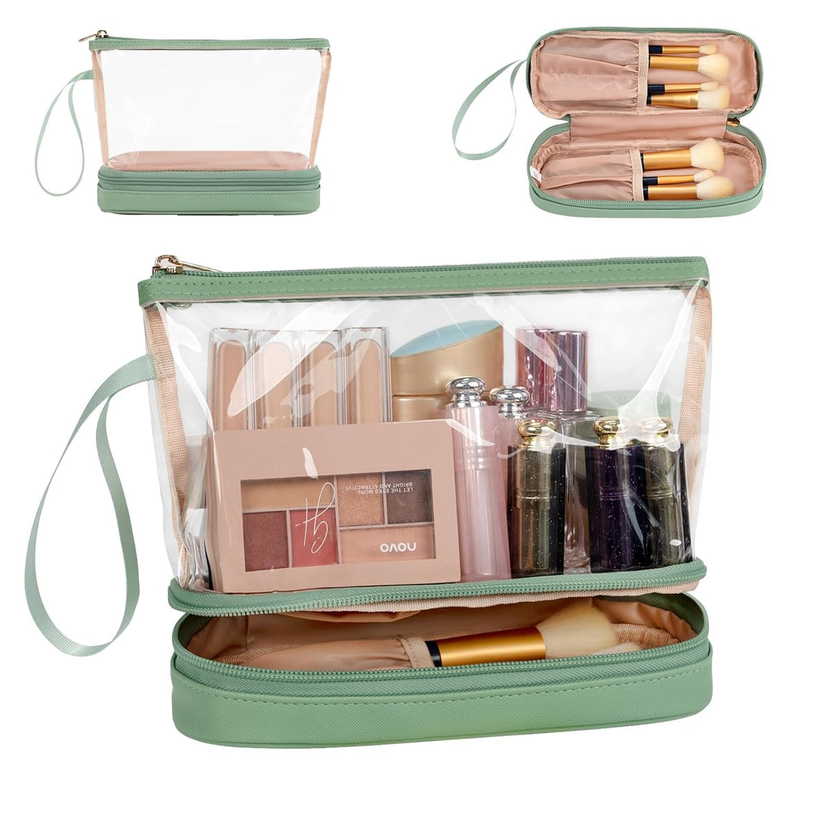 Small Makeup Bag, 2 Layers Travel Make up Organizer Bag with Makeup Brush Holder, Portable Cosmetic Bag for Women/Girls, Blue Flower