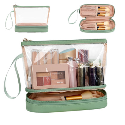 Small Makeup Bag, 2 Layers Travel Make up Organizer Bag with Makeup Brush Holder, Portable Cosmetic Bag for Women/Girls, Blue Flower