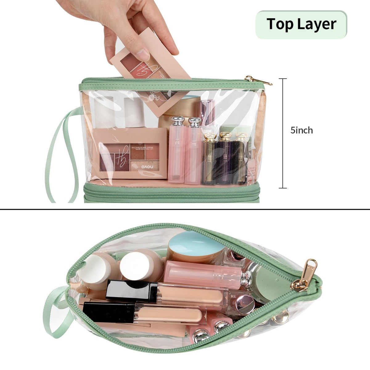 Small Makeup Bag, 2 Layers Travel Make up Organizer Bag with Makeup Brush Holder, Portable Cosmetic Bag for Women/Girls, Blue Flower