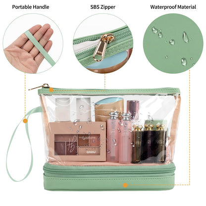 Small Makeup Bag, 2 Layers Travel Make up Organizer Bag with Makeup Brush Holder, Portable Cosmetic Bag for Women/Girls, Blue Flower