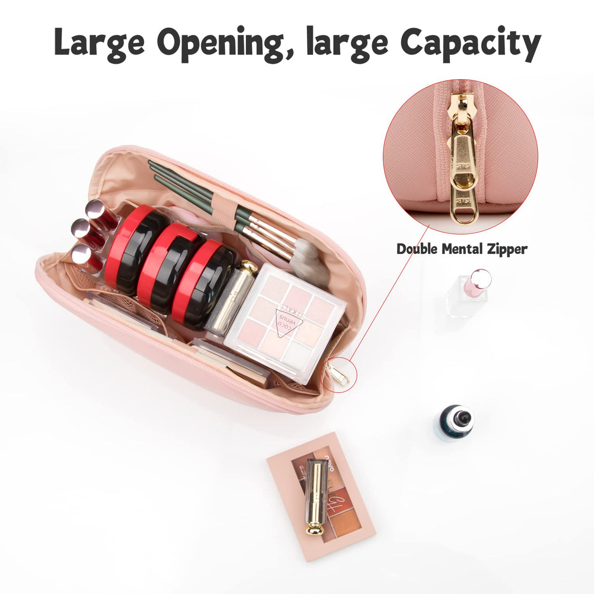 Small Makeup Bag, 2 Layers Travel Make up Organizer Bag with Makeup Brush Holder, Portable Cosmetic Bag for Women/Girls, Blue Flower