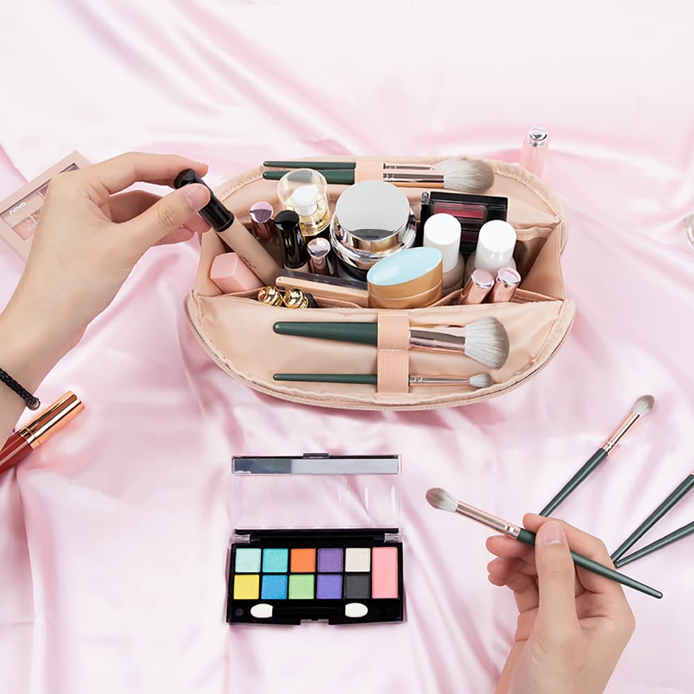 Small Makeup Bag, 2 Layers Travel Make up Organizer Bag with Makeup Brush Holder, Portable Cosmetic Bag for Women/Girls, Blue Flower