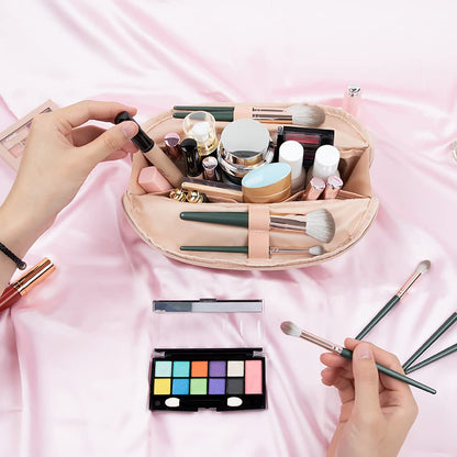 Small Makeup Bag, 2 Layers Travel Make up Organizer Bag with Makeup Brush Holder, Portable Cosmetic Bag for Women/Girls, Blue Flower