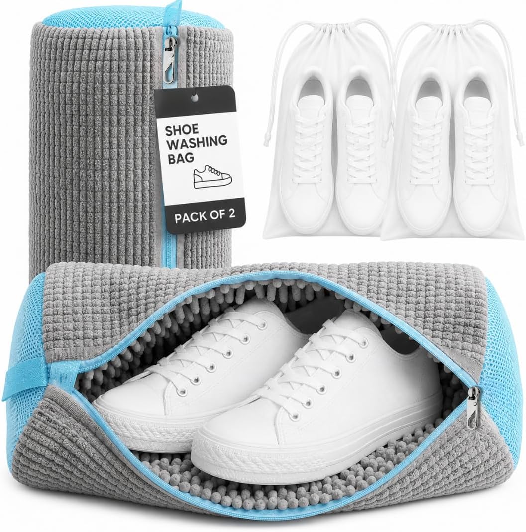 Shoe Washing Machine Bag for Wash & Dry, 4-in-1 Kit 2 Chenille Sneaker Laundry Bags + 2 Dust Bags, Self-Locking Zipper