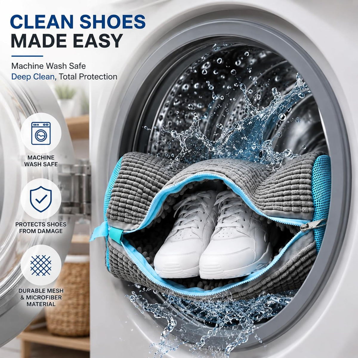Shoe Washing Machine Bag for Wash & Dry, 4-in-1 Kit 2 Chenille Sneaker Laundry Bags + 2 Dust Bags, Self-Locking Zipper