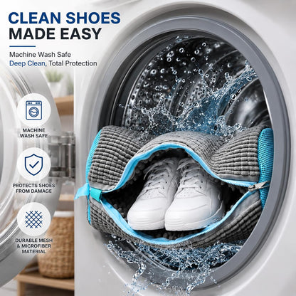 Shoe Washing Machine Bag for Wash & Dry, 4-in-1 Kit 2 Chenille Sneaker Laundry Bags + 2 Dust Bags, Self-Locking Zipper