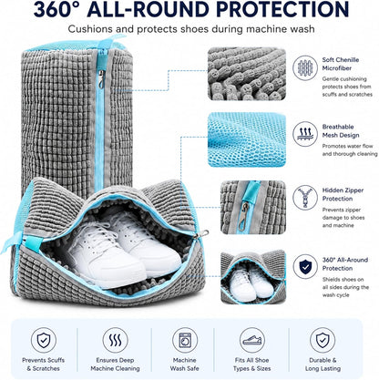 Shoe Washing Machine Bag for Wash & Dry, 4-in-1 Kit 2 Chenille Sneaker Laundry Bags + 2 Dust Bags, Self-Locking Zipper