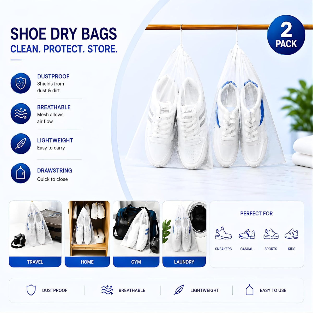 Shoe Washing Machine Bag for Wash & Dry, 4-in-1 Kit 2 Chenille Sneaker Laundry Bags + 2 Dust Bags, Self-Locking Zipper