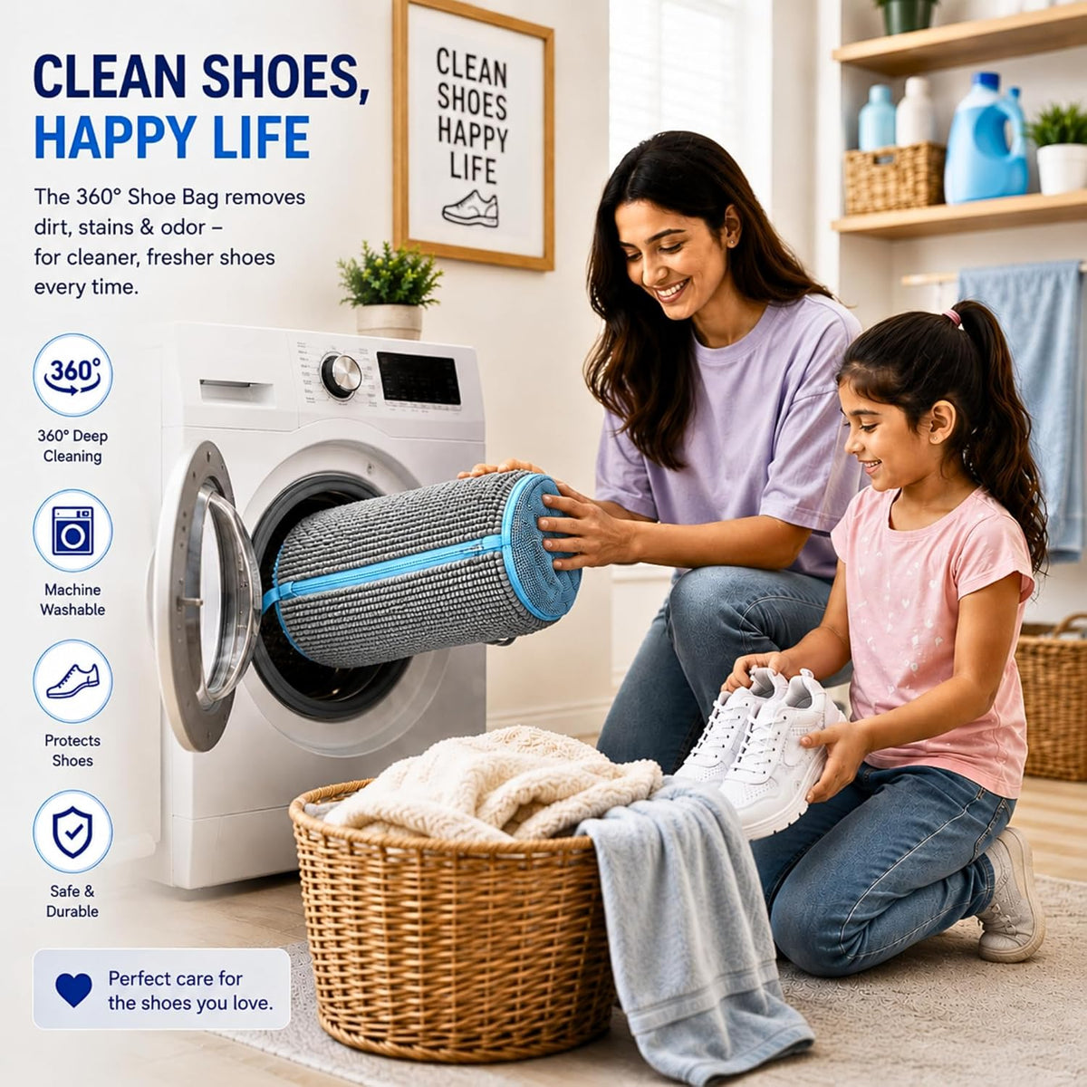 Shoe Washing Machine Bag for Wash & Dry, 4-in-1 Kit 2 Chenille Sneaker Laundry Bags + 2 Dust Bags, Self-Locking Zipper