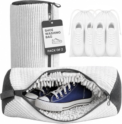 Shoe Washing Machine Bag for Wash & Dry, 4-in-1 Kit 2 Chenille Sneaker Laundry Bags + 2 Dust Bags, Self-Locking Zipper