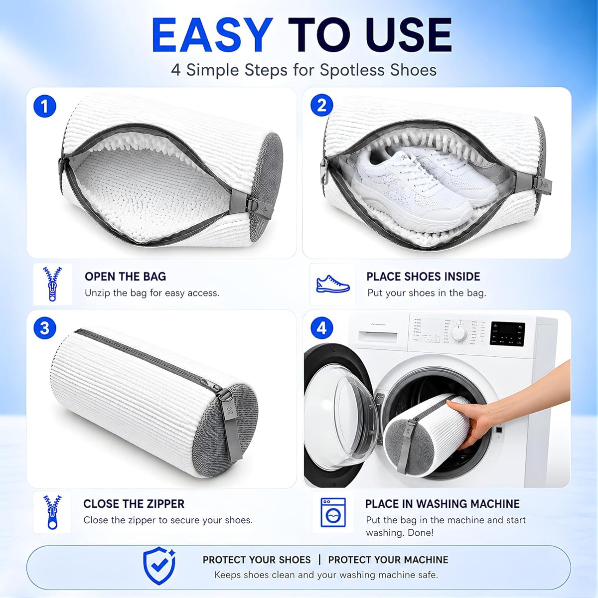Shoe Washing Machine Bag for Wash & Dry, 4-in-1 Kit 2 Chenille Sneaker Laundry Bags + 2 Dust Bags, Self-Locking Zipper