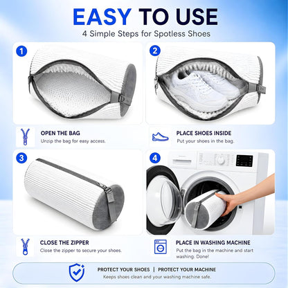 Shoe Washing Machine Bag for Wash & Dry, 4-in-1 Kit 2 Chenille Sneaker Laundry Bags + 2 Dust Bags, Self-Locking Zipper