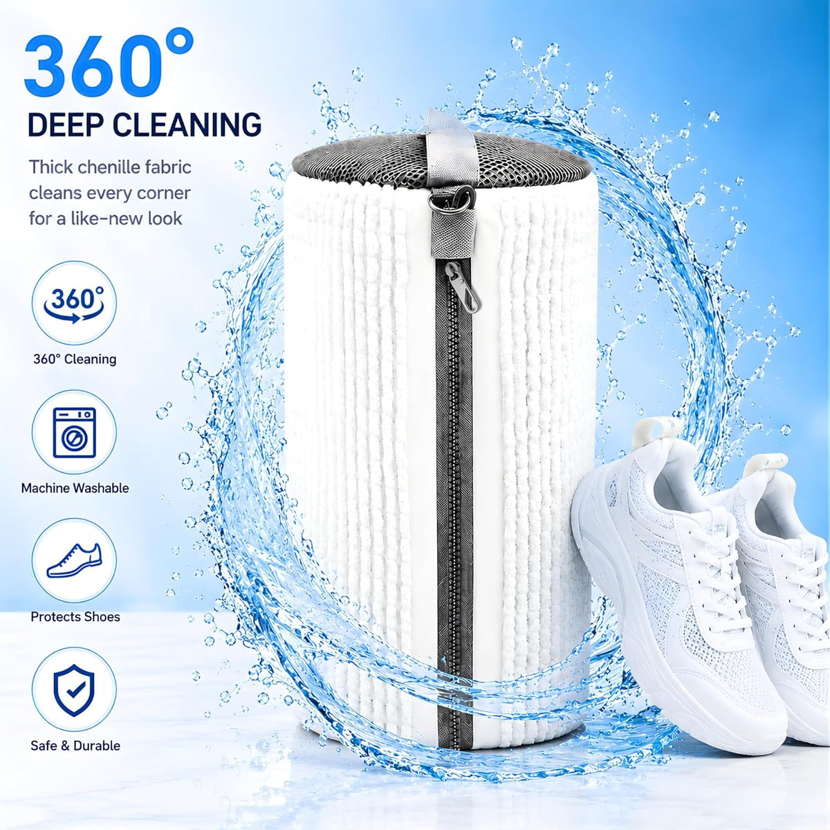 Shoe Washing Machine Bag for Wash & Dry, 4-in-1 Kit 2 Chenille Sneaker Laundry Bags + 2 Dust Bags, Self-Locking Zipper