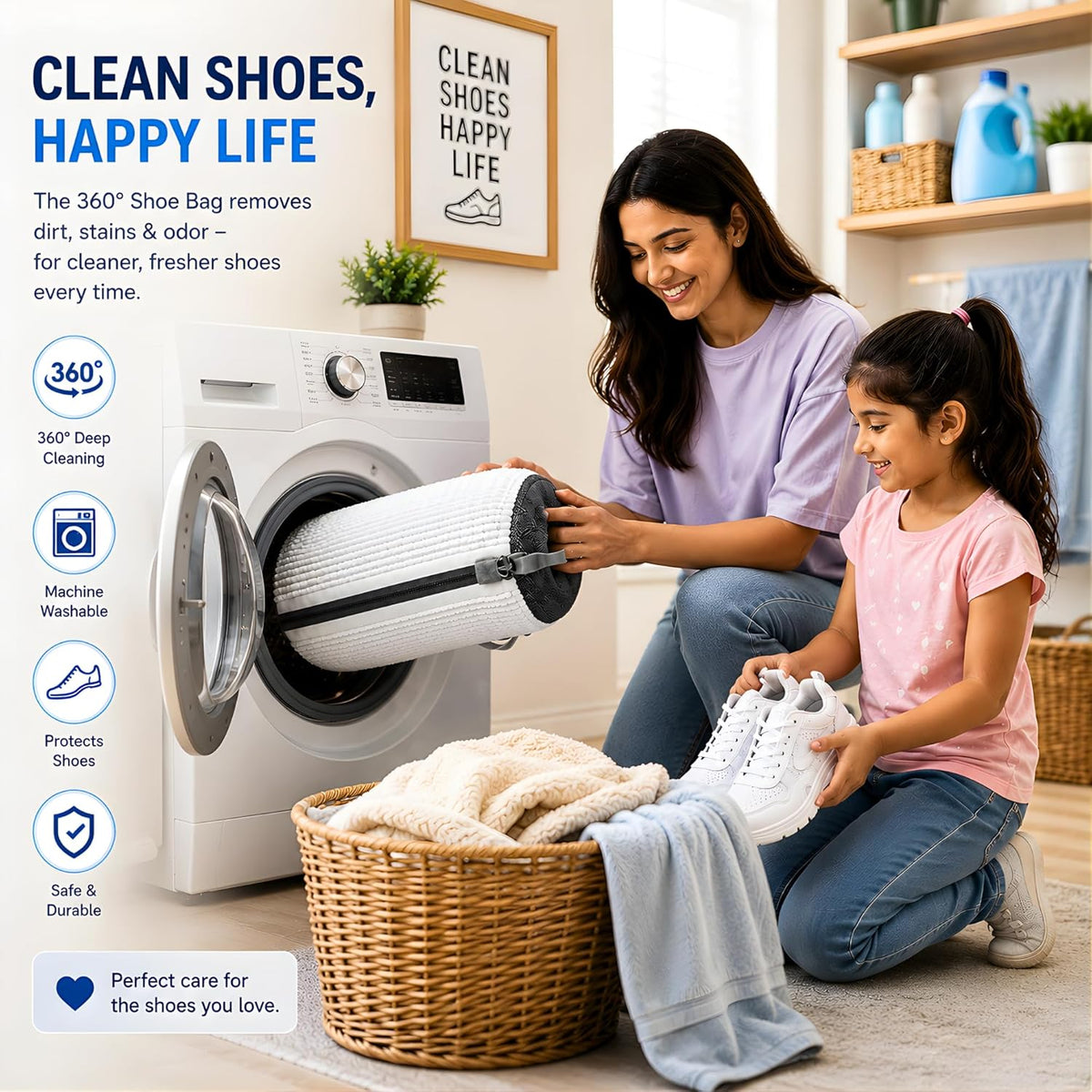 Shoe Washing Machine Bag for Wash & Dry, 4-in-1 Kit 2 Chenille Sneaker Laundry Bags + 2 Dust Bags, Self-Locking Zipper