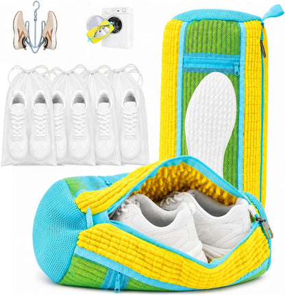Shoe Washing Machine Bag for Wash & Dry, 4-in-1 Kit 2 Chenille Sneaker Laundry Bags + 2 Dust Bags, Self-Locking Zipper