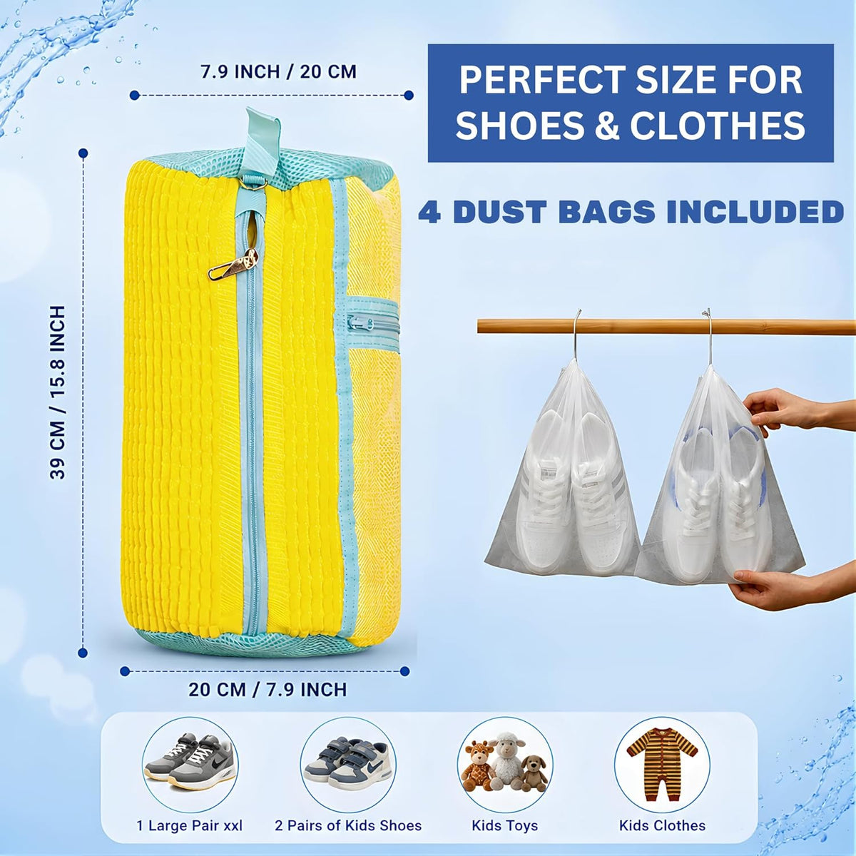 Shoe Washing Machine Bag for Wash & Dry, 4-in-1 Kit 2 Chenille Sneaker Laundry Bags + 2 Dust Bags, Self-Locking Zipper