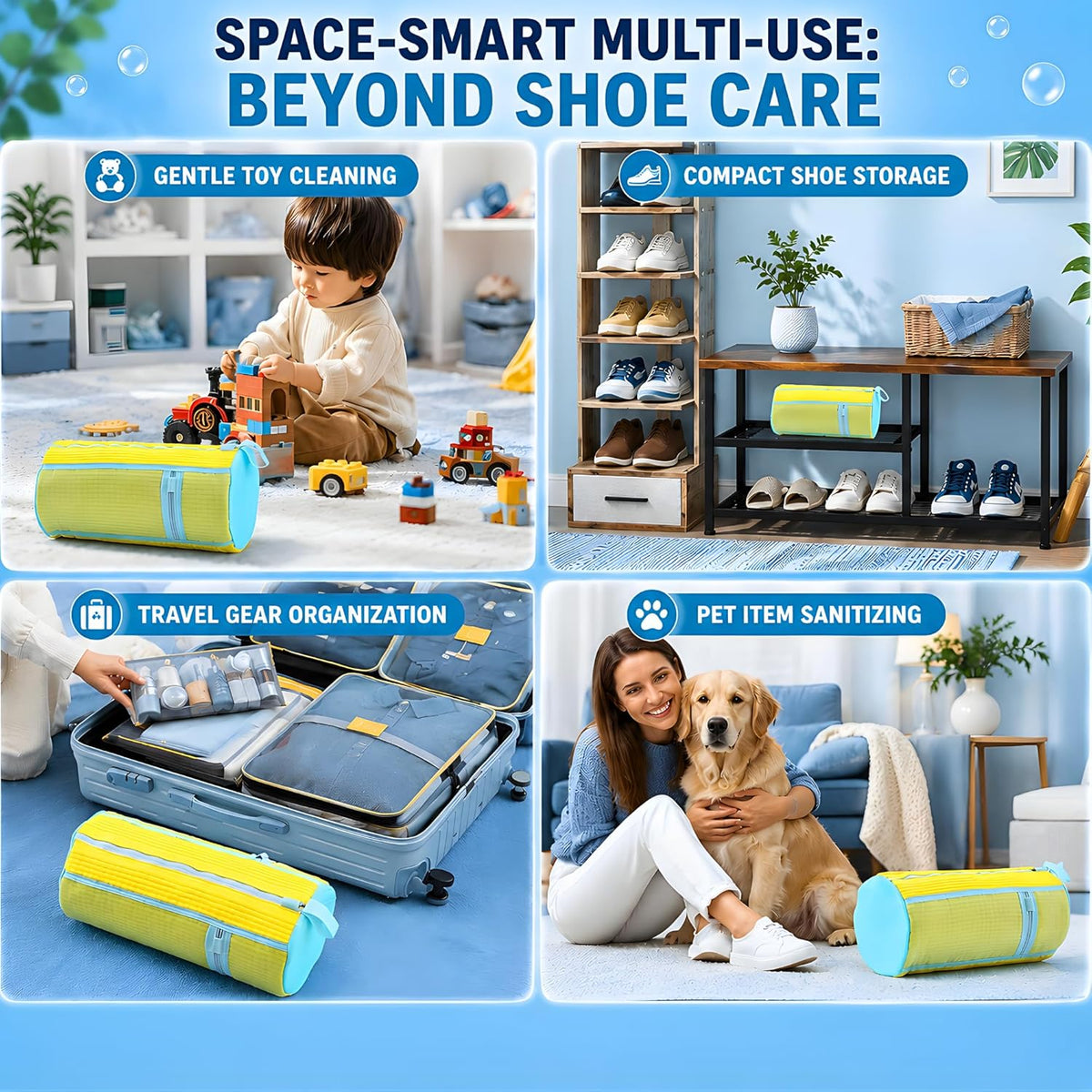 Shoe Washing Machine Bag for Wash & Dry, 4-in-1 Kit 2 Chenille Sneaker Laundry Bags + 2 Dust Bags, Self-Locking Zipper