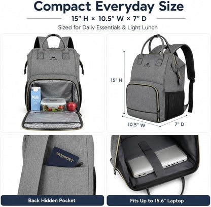 Insulated Lunch Backpack for Women, 15.6 Inch Work Laptop Backpack | with Lunch Compartment, Water-Resistant, Office Picnic College, Computer Backpacks, Meal Prep Bag, Gifts for Nurse Teacher