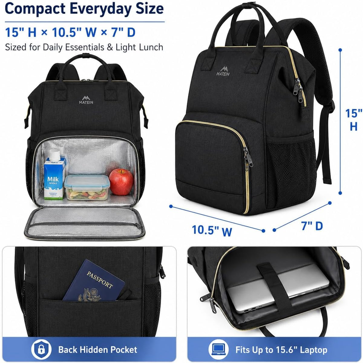 Insulated Lunch Backpack for Women, 15.6 Inch Work Laptop Backpack | with Lunch Compartment, Water-Resistant, Office Picnic College, Computer Backpacks, Meal Prep Bag, Gifts for Nurse Teacher