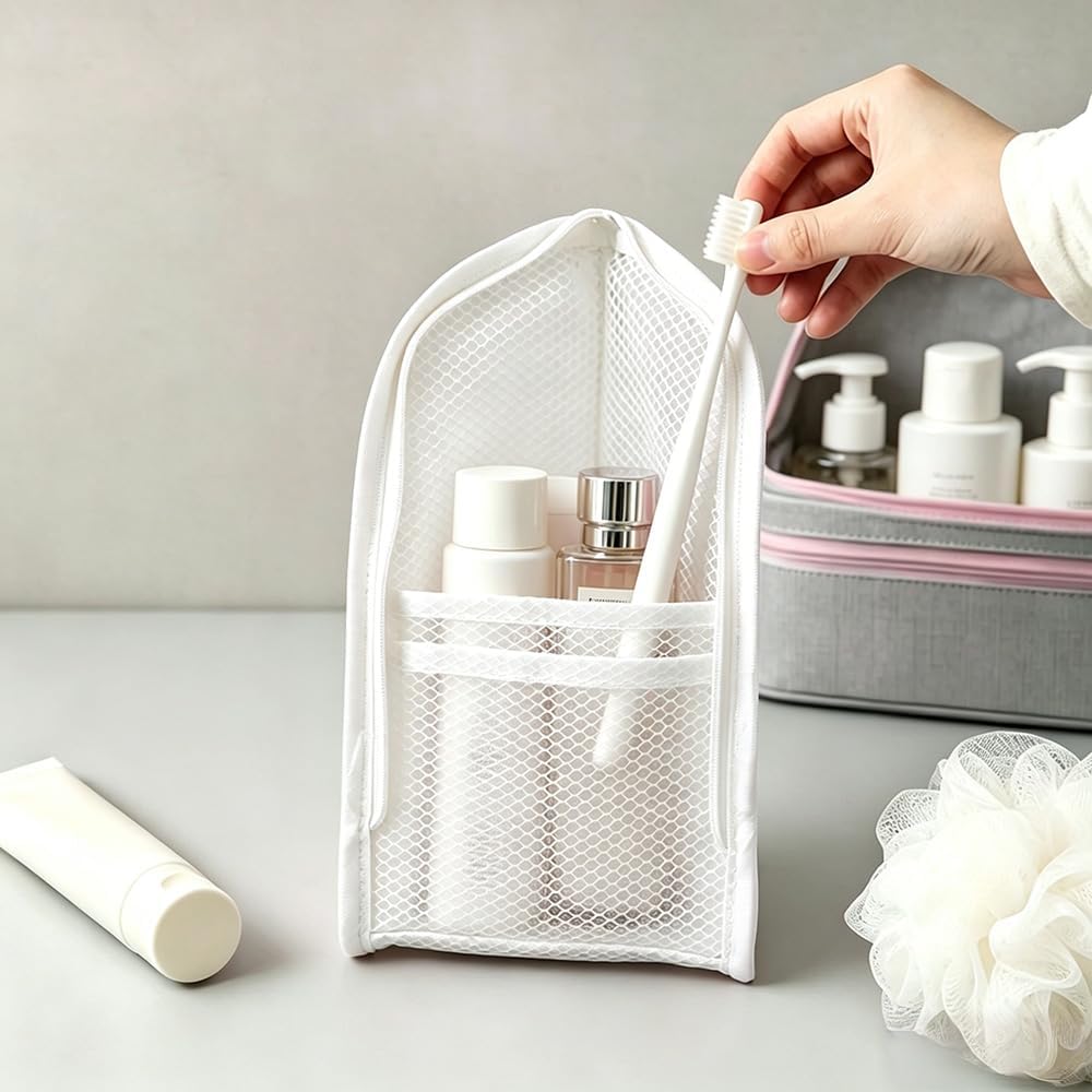 Standing Travel Toiletry Bag for Women, Waterproof Hanging Makeup Organizer Cosmetic Zipper Pouch, Portable Stand Up Toiletry Bags Containers for Bathroom Essentials, Brush & Accessories (Black, Pink)