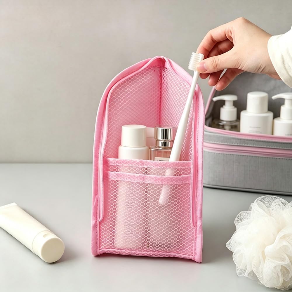 Standing Travel Toiletry Bag for Women, Waterproof Hanging Makeup Organizer Cosmetic Zipper Pouch, Portable Stand Up Toiletry Bags Containers for Bathroom Essentials, Brush & Accessories (Black, Pink)