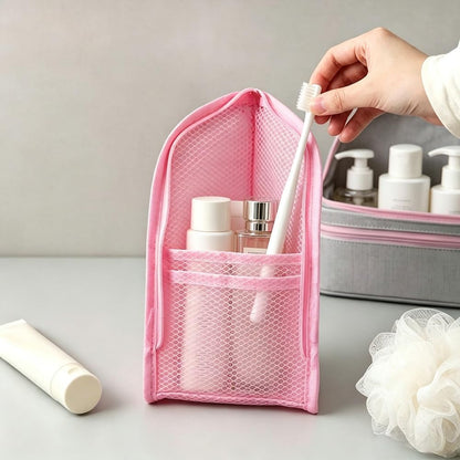 Standing Travel Toiletry Bag for Women, Waterproof Hanging Makeup Organizer Cosmetic Zipper Pouch, Portable Stand Up Toiletry Bags Containers for Bathroom Essentials, Brush & Accessories (Black, Pink)