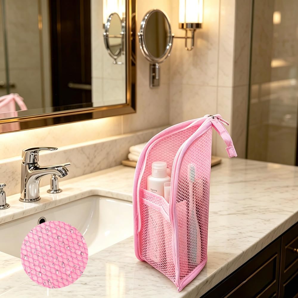 Standing Travel Toiletry Bag for Women, Waterproof Hanging Makeup Organizer Cosmetic Zipper Pouch, Portable Stand Up Toiletry Bags Containers for Bathroom Essentials, Brush & Accessories (Black, Pink)
