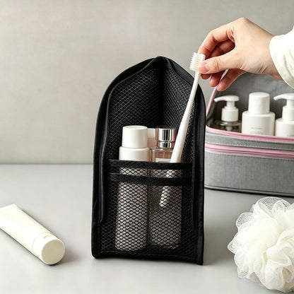 Standing Travel Toiletry Bag for Women, Waterproof Hanging Makeup Organizer Cosmetic Zipper Pouch, Portable Stand Up Toiletry Bags Containers for Bathroom Essentials, Brush & Accessories (Black, Pink)