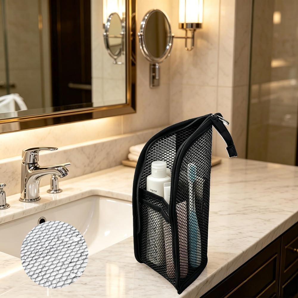 Standing Travel Toiletry Bag for Women, Waterproof Hanging Makeup Organizer Cosmetic Zipper Pouch, Portable Stand Up Toiletry Bags Containers for Bathroom Essentials, Brush & Accessories (Black, Pink)