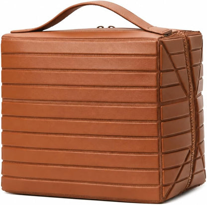 Travel Makeup Organizer Bag for Women, Fold Down Large Capacity Makeup Organizer with Compartments, Foldable Lay Flat Waterproof Cosmetic Toiletry Bag for Brushes, Skincare and Travel, Chocolate