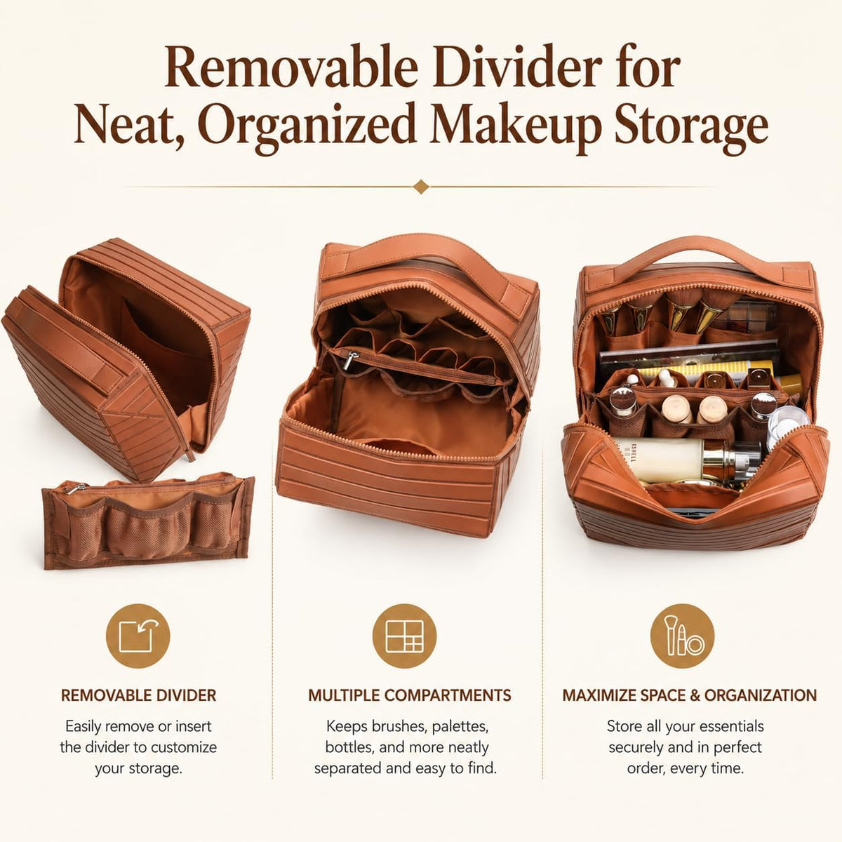 Travel Makeup Organizer Bag for Women, Fold Down Large Capacity Makeup Organizer with Compartments, Foldable Lay Flat Waterproof Cosmetic Toiletry Bag for Brushes, Skincare and Travel, Chocolate