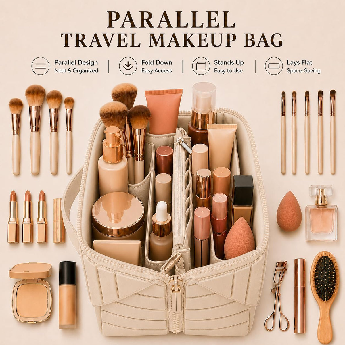 Travel Makeup Organizer Bag for Women, Fold Down Large Capacity Makeup Organizer with Compartments, Foldable Lay Flat Waterproof Cosmetic Toiletry Bag for Brushes, Skincare and Travel, Chocolate