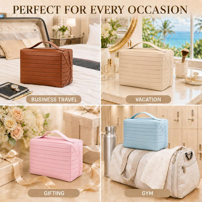 Travel Makeup Organizer Bag for Women, Fold Down Large Capacity Makeup Organizer with Compartments, Foldable Lay Flat Waterproof Cosmetic Toiletry Bag for Brushes, Skincare and Travel, Chocolate