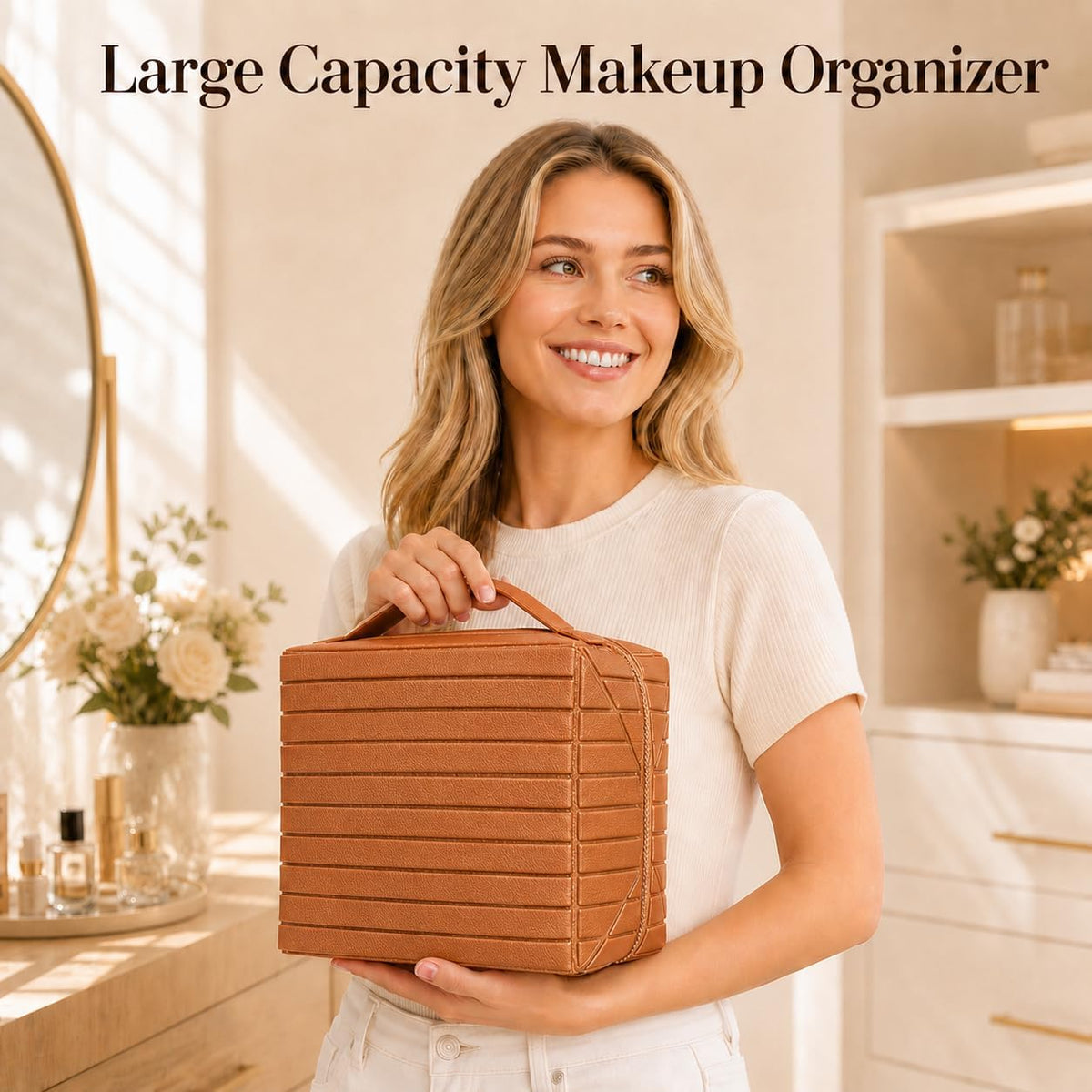 Travel Makeup Organizer Bag for Women, Fold Down Large Capacity Makeup Organizer with Compartments, Foldable Lay Flat Waterproof Cosmetic Toiletry Bag for Brushes, Skincare and Travel, Chocolate