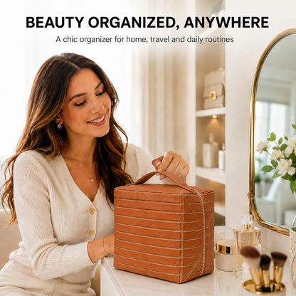 Travel Makeup Organizer Bag for Women, Fold Down Large Capacity Makeup Organizer with Compartments, Foldable Lay Flat Waterproof Cosmetic Toiletry Bag for Brushes, Skincare and Travel, Chocolate