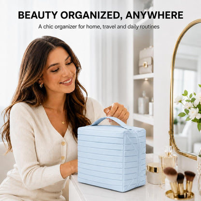 Travel Makeup Organizer Bag for Women, Fold Down Large Capacity Makeup Organizer with Compartments, Foldable Lay Flat Waterproof Cosmetic Toiletry Bag for Brushes, Skincare and Travel, Chocolate