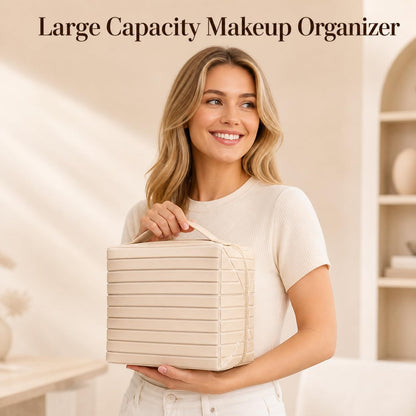 Travel Makeup Organizer Bag for Women, Fold Down Large Capacity Makeup Organizer with Compartments, Foldable Lay Flat Waterproof Cosmetic Toiletry Bag for Brushes, Skincare and Travel, Chocolate