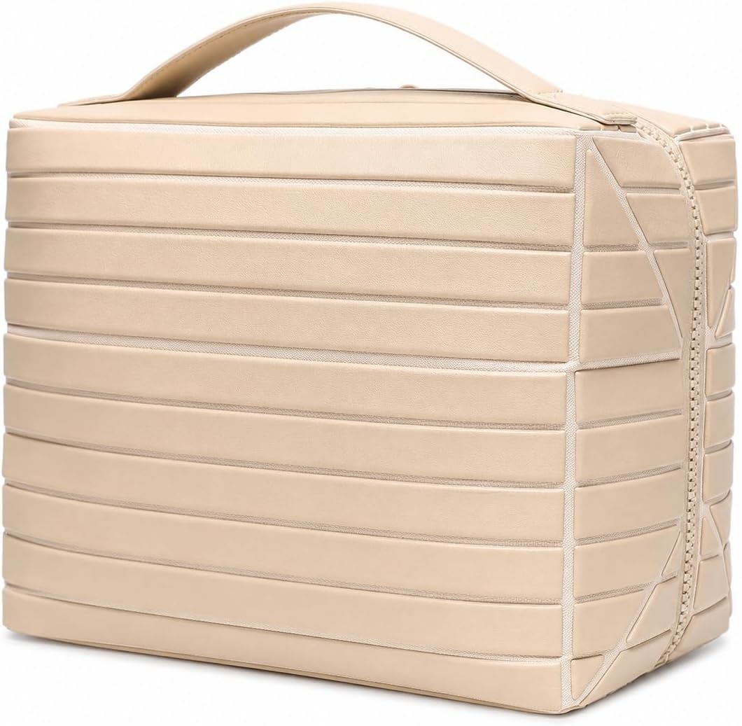 Travel Makeup Organizer Bag for Women, Fold Down Large Capacity Makeup Organizer with Compartments, Foldable Lay Flat Waterproof Cosmetic Toiletry Bag for Brushes, Skincare and Travel, Chocolate