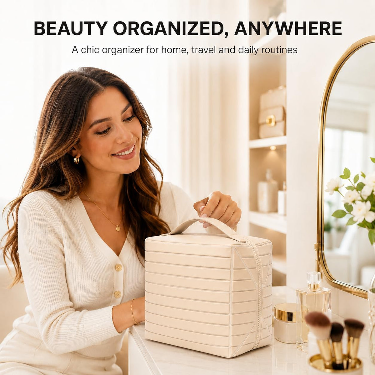 Travel Makeup Organizer Bag for Women, Fold Down Large Capacity Makeup Organizer with Compartments, Foldable Lay Flat Waterproof Cosmetic Toiletry Bag for Brushes, Skincare and Travel, Chocolate