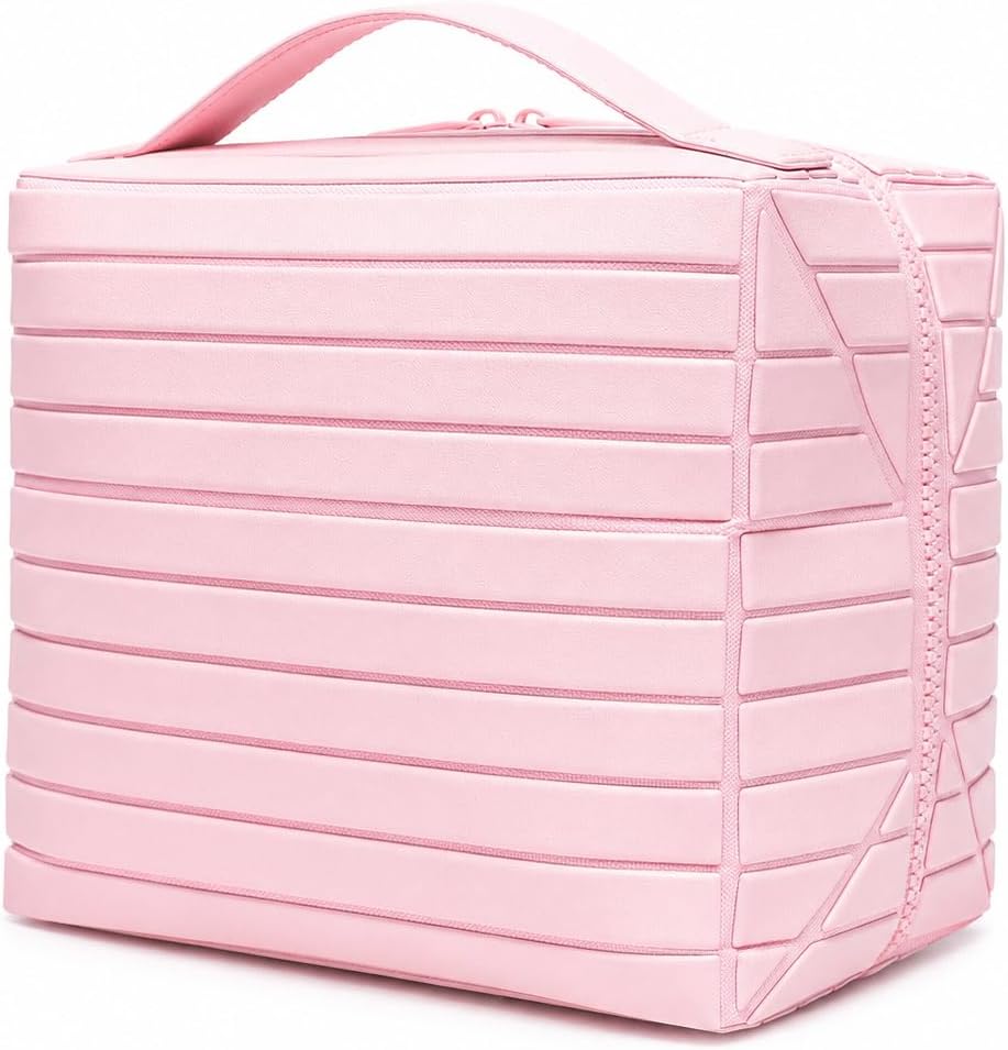 Travel Makeup Organizer Bag for Women, Fold Down Large Capacity Makeup Organizer with Compartments, Foldable Lay Flat Waterproof Cosmetic Toiletry Bag for Brushes, Skincare and Travel, Chocolate