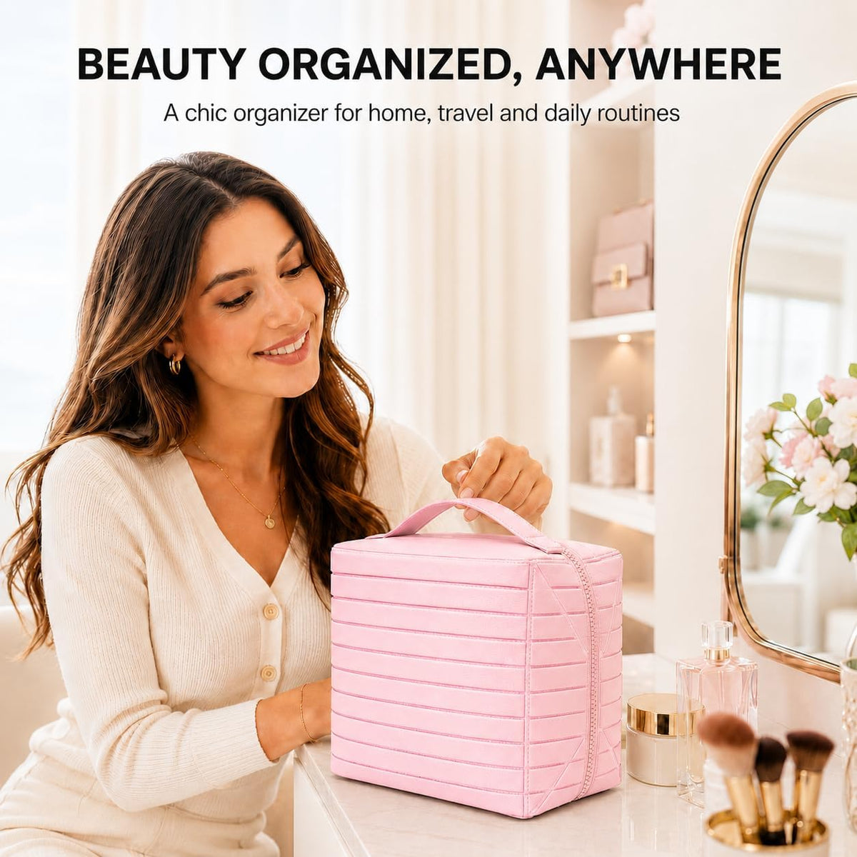 Travel Makeup Organizer Bag for Women, Fold Down Large Capacity Makeup Organizer with Compartments, Foldable Lay Flat Waterproof Cosmetic Toiletry Bag for Brushes, Skincare and Travel, Chocolate