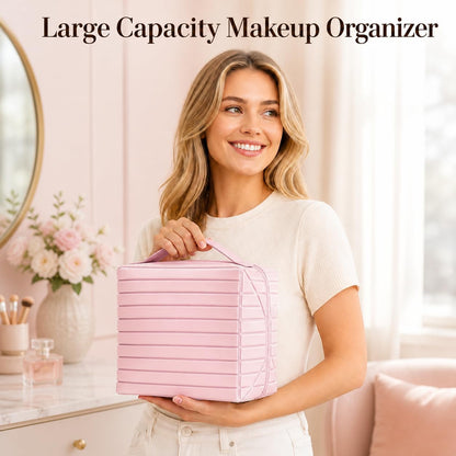Travel Makeup Organizer Bag for Women, Fold Down Large Capacity Makeup Organizer with Compartments, Foldable Lay Flat Waterproof Cosmetic Toiletry Bag for Brushes, Skincare and Travel, Chocolate