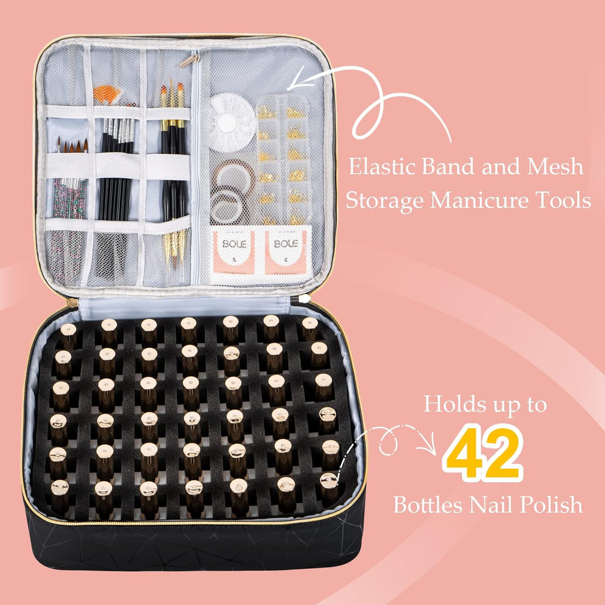 Nail Polish Organizer Bag Holds 42 Bottles Nail Polish & Nail Lamp, Gel Nail Polish Organizers and Storage box for Nail Tech, Nail Kit Supplies Organizer Case - Black