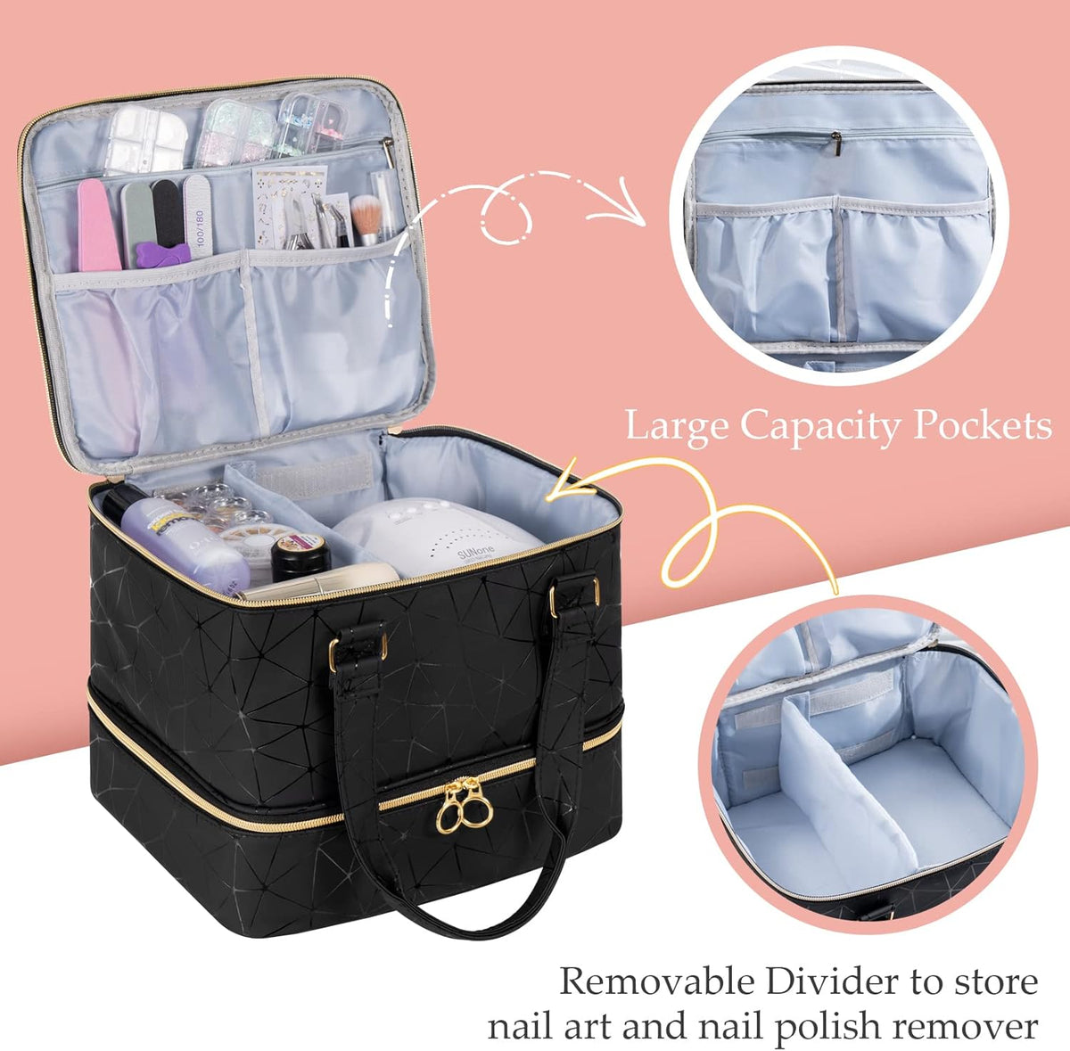 Nail Polish Organizer Bag Holds 42 Bottles Nail Polish & Nail Lamp, Gel Nail Polish Organizers and Storage box for Nail Tech, Nail Kit Supplies Organizer Case - Black