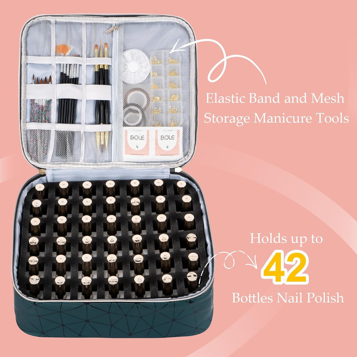 Nail Polish Organizer Bag Holds 42 Bottles Nail Polish & Nail Lamp, Gel Nail Polish Organizers and Storage box for Nail Tech, Nail Kit Supplies Organizer Case - Black