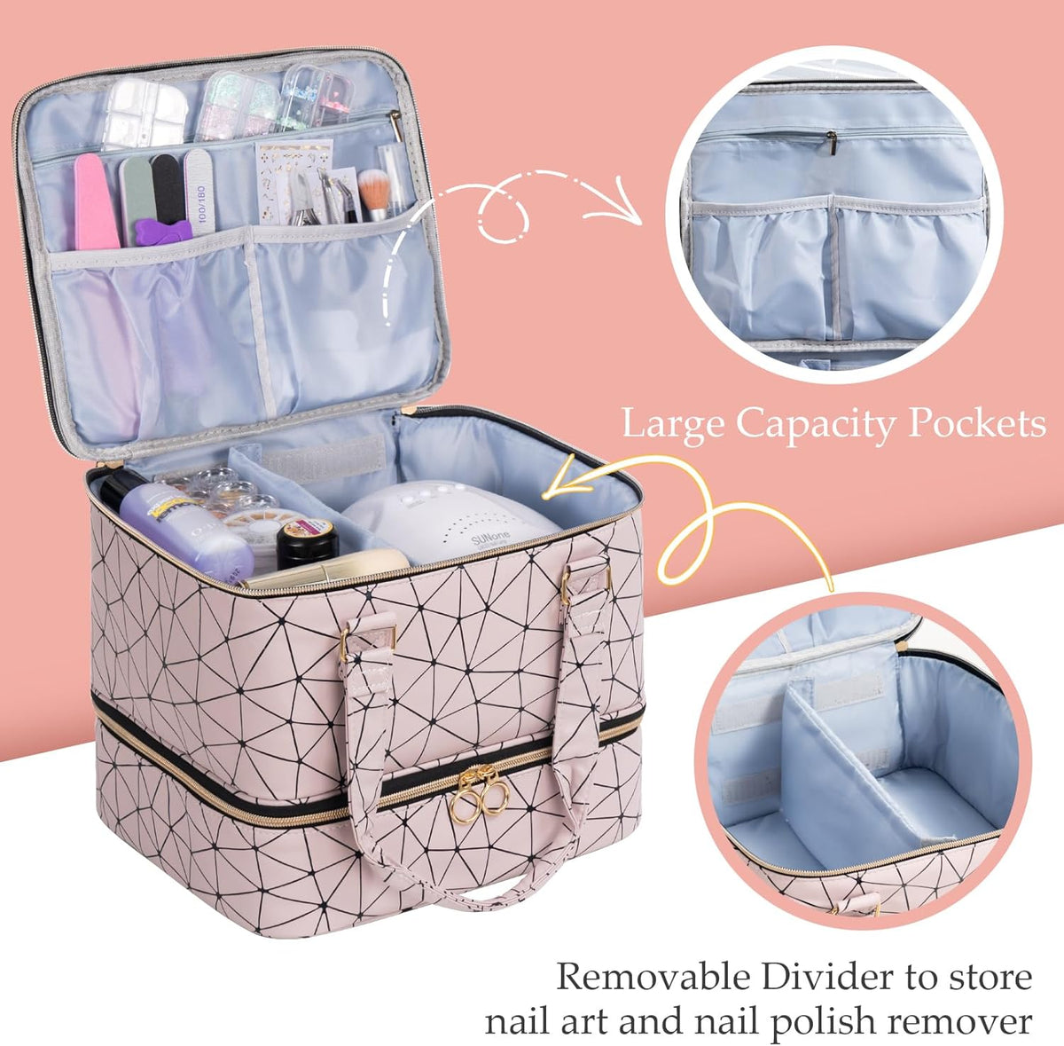 Nail Polish Organizer Bag Holds 42 Bottles Nail Polish & Nail Lamp, Gel Nail Polish Organizers and Storage box for Nail Tech, Nail Kit Supplies Organizer Case - Black