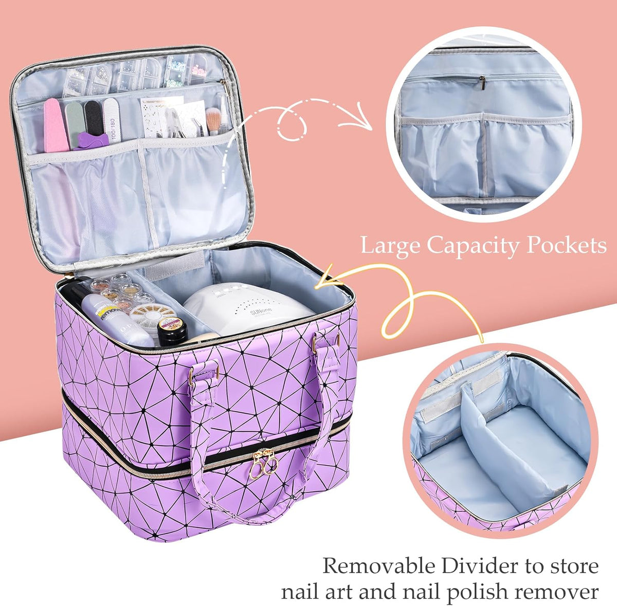 Nail Polish Organizer Bag Holds 42 Bottles Nail Polish & Nail Lamp, Gel Nail Polish Organizers and Storage box for Nail Tech, Nail Kit Supplies Organizer Case - Black